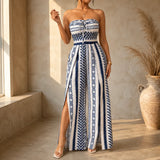 Solvana – Strapless Geometric Print Jumpsuit with Wide-Leg Slit Pants