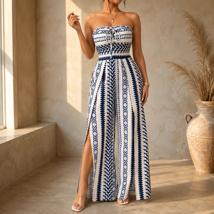 Solvana – Strapless Geometric Print Jumpsuit with Wide-Leg Slit Pants