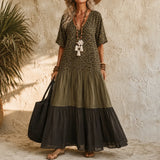 Marenza – Boho Tiered Maxi Dress with Leopard Bodice, Color-Block Skirt, V-Neck
