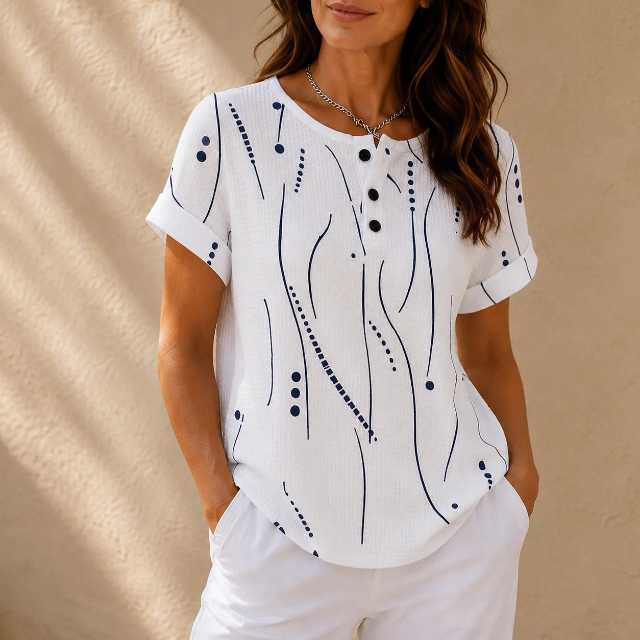 Marellia – Abstract Print Waffle Top with Button Placket