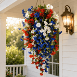Liberty Bloom – Patriotic Hanging Flower Basket with LED Lights, Red White Blue Silk Blooms for July 4th Porch Decor