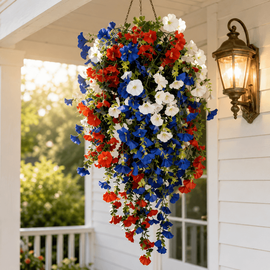 Liberty Bloom – Patriotic Hanging Flower Basket with LED Lights, Red White Blue Silk Blooms for July 4th Porch Decor