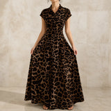 Veluxa – Leopard Print Cinched Waist Maxi Shirt Dress with Pockets
