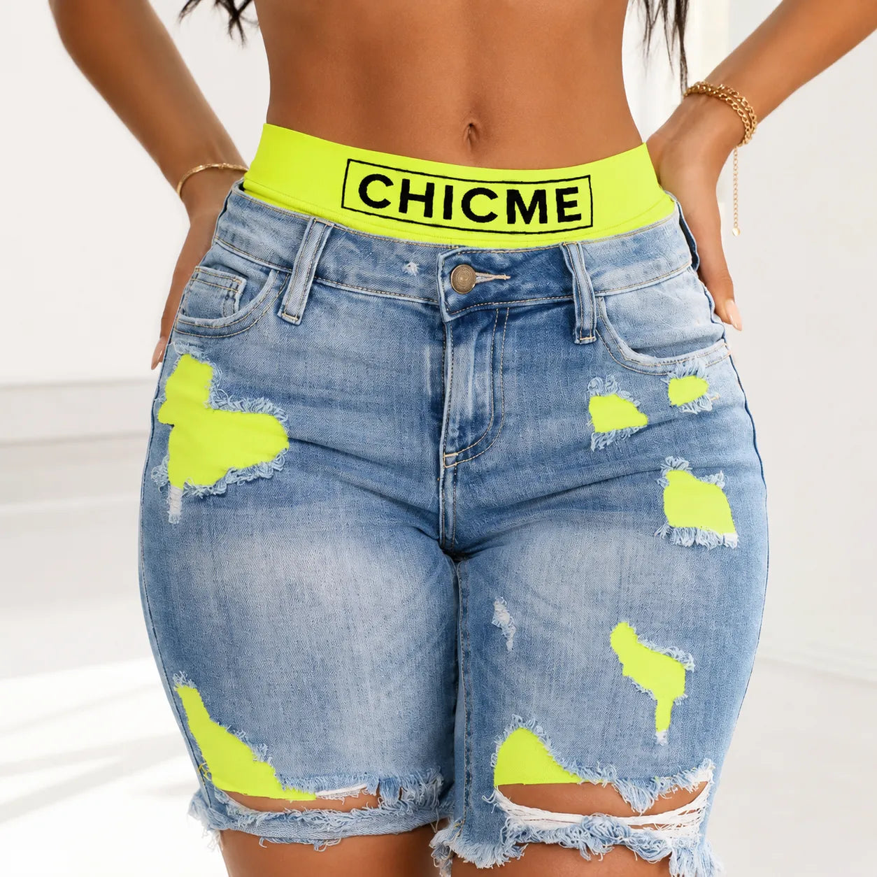 Vivelyn – Curve Hugging High Waist Ripped Bermuda Shorts Set