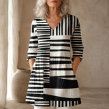 Vivelle – Long V-Neck Tunic Blouse with Pockets, Bold Print, 3/4 Sleeve