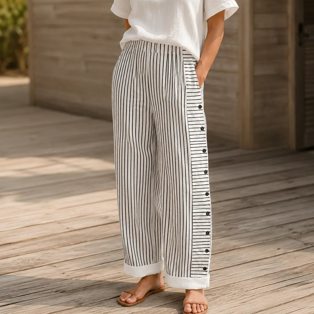 Marena – Striped Side-Button Cropped Summer Pants for Women