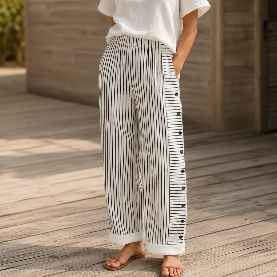 Marena – Striped Side-Button Cropped Summer Pants for Women