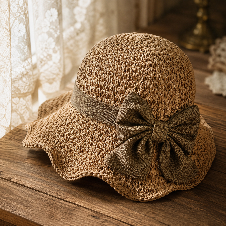 Maeyra – Packable Crocheted Straw Sun Hat with Bow for Women