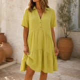 Marelle – Tiered V-Neck Linen-Look Mini Dress with Collar