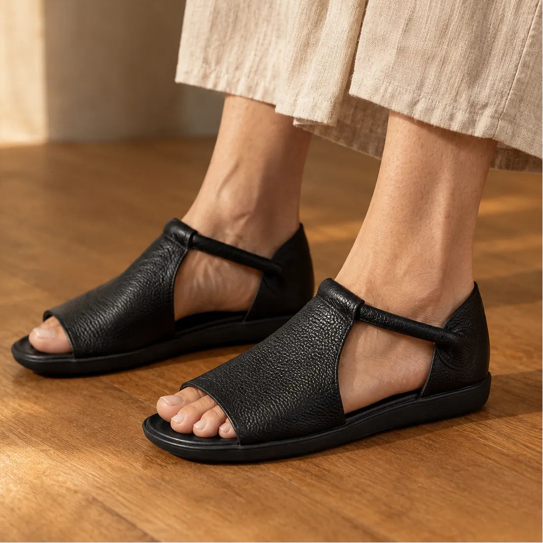 Solene – Pebbled PU T-Strap Flat Sandals for Women, Slip-On Open Toe Summer Shoes