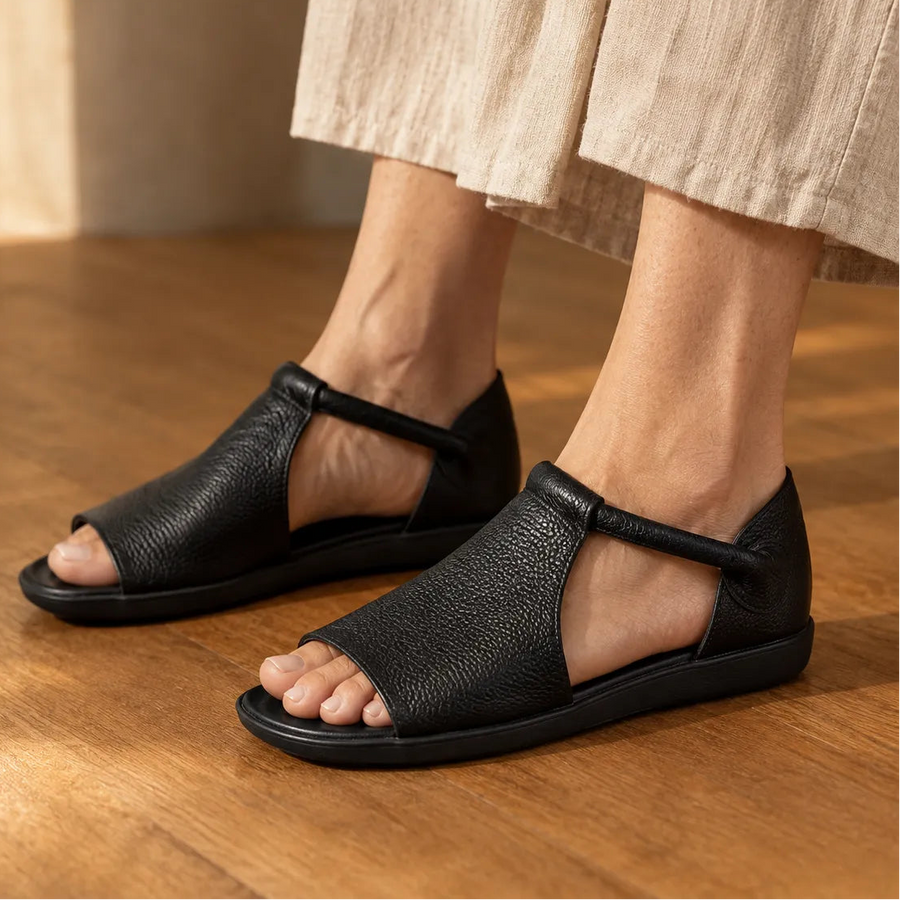 Solene – Pebbled PU T-Strap Flat Sandals for Women, Slip-On Open Toe Summer Shoes