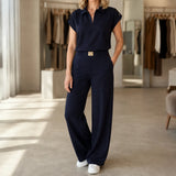 Loriana – Women's Matching Set, Cap Sleeve Polo Top & Wide Leg Trousers