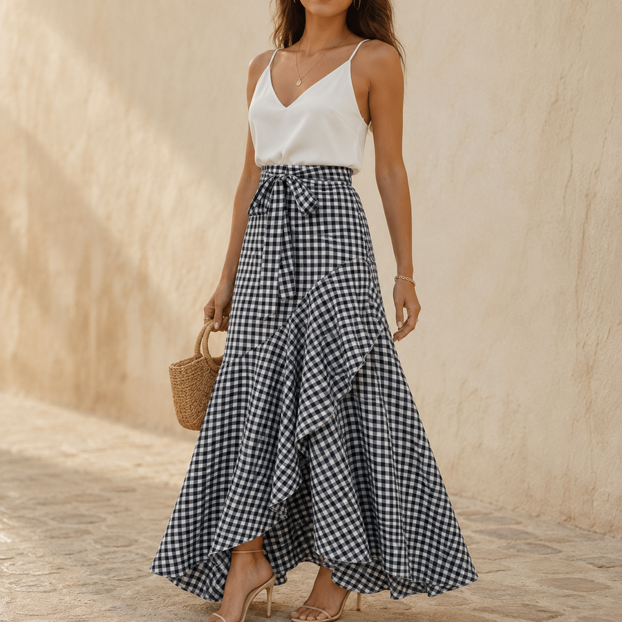 Veluna – Gingham Asymmetrical Ruffle Maxi Skirt for Women