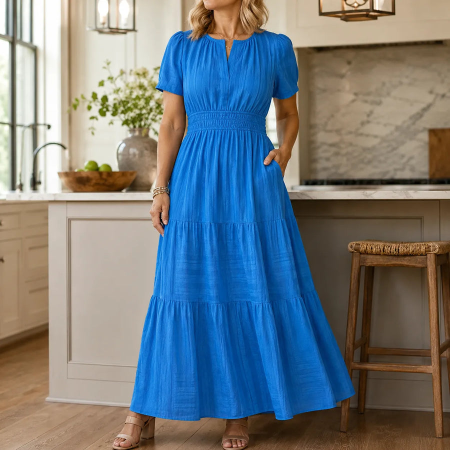 Willowen – V-Neck Tiered Midi Dress with Pockets, Short Sleeve, Ruched Waist