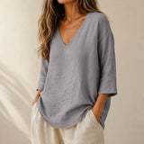 Linvie – Loose V-Neck Linen-Look Blouse with Three-Quarter Sleeves