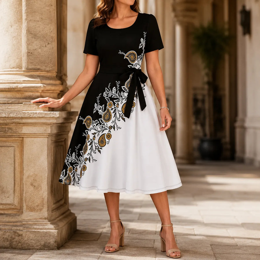 Marveline – Paisley A-Line Midi Dress with Tie Waist