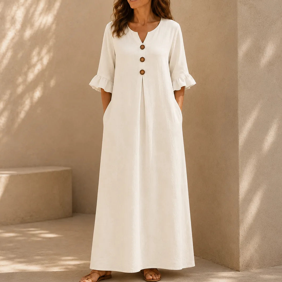 Marellia – Flowy Linen-Look V-Neck Maxi Dress with Pockets