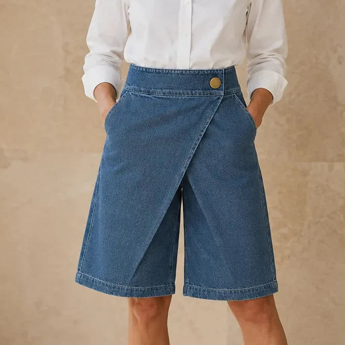 Velara – Asymmetric Wrap-Front Knee-Length Denim Look Bermuda Shorts