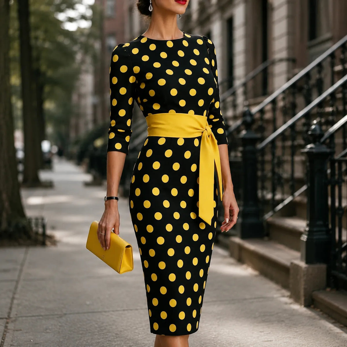 Belora – Retro Polka Dot Midi Dress with Belted Waist