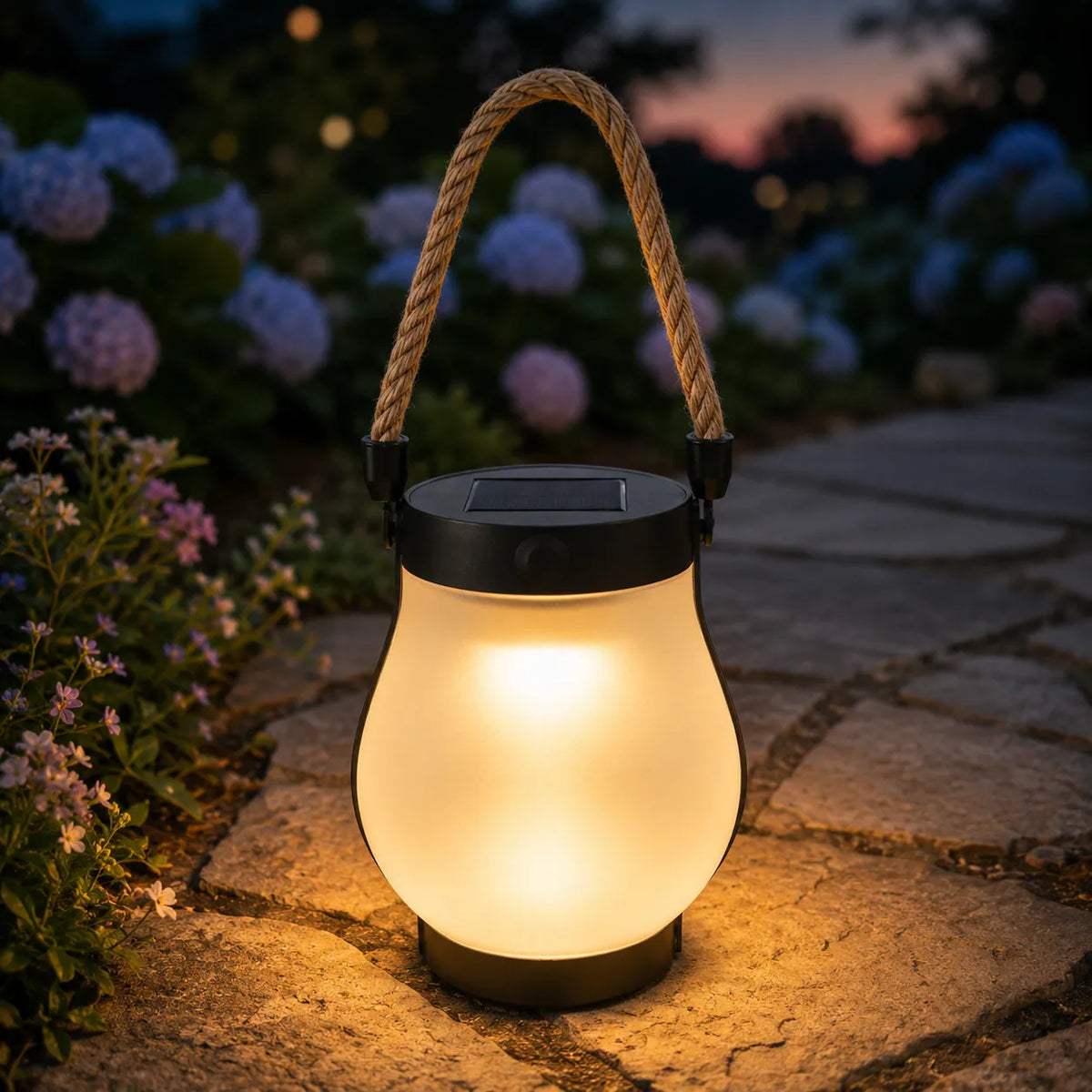 Lumvera solar lanterns glowing among flowers at dusk
