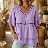 Solavie – Boho V-Neck Fringe Trim Tunic Top for Women