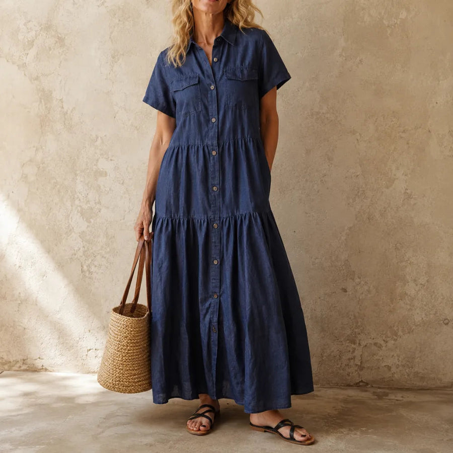 Marielle – Tiered Button-Front Denim-like Maxi Dress with Pockets