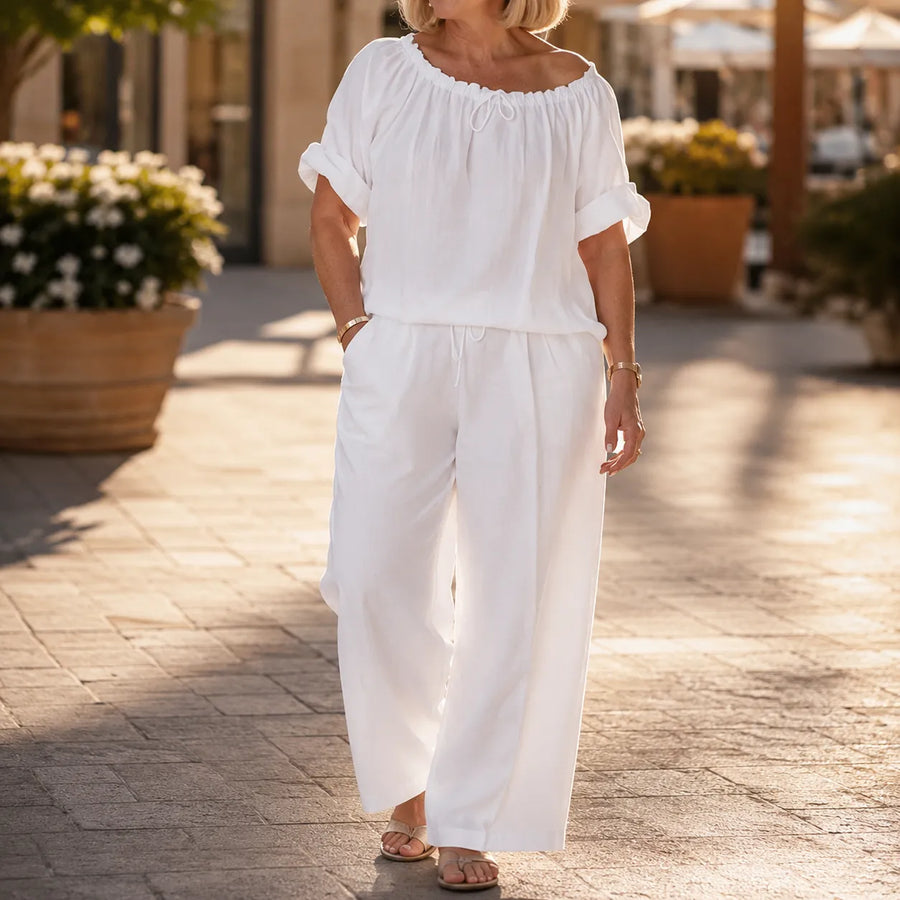 Soléne – Off-Shoulder Drawstring Top & Wide-Leg Pants 2-Piece Set