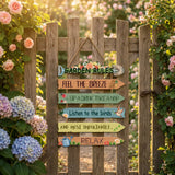 Blossomrow – Rustic Garden Rules Hanging Sign, Hand-Painted Wall Plaque with Rope