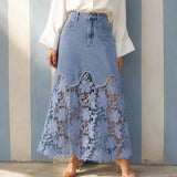 Florenza – Floral lace hem high waist denim maxi skirt with pockets