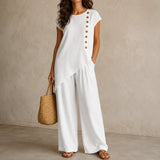 Elovena – Asymmetric Hem Matching Set with Wide-Leg Pants