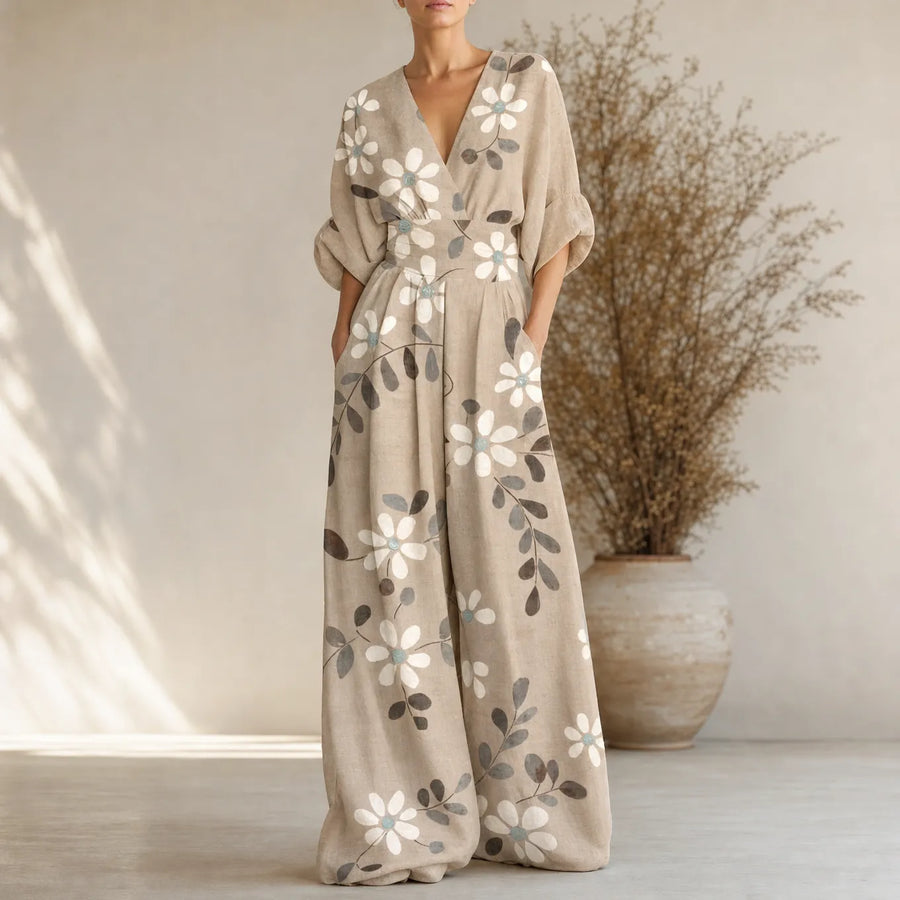 Solene – Printed V-Neck Wide-Leg Jumpsuit with Cinched Waist and Pockets