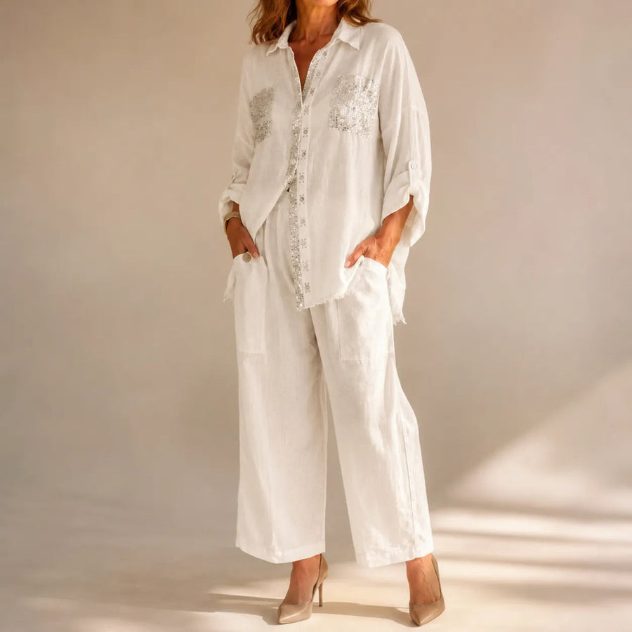 Solencia – Shimmer Pocket Shirt and Wide-Leg Pants Set