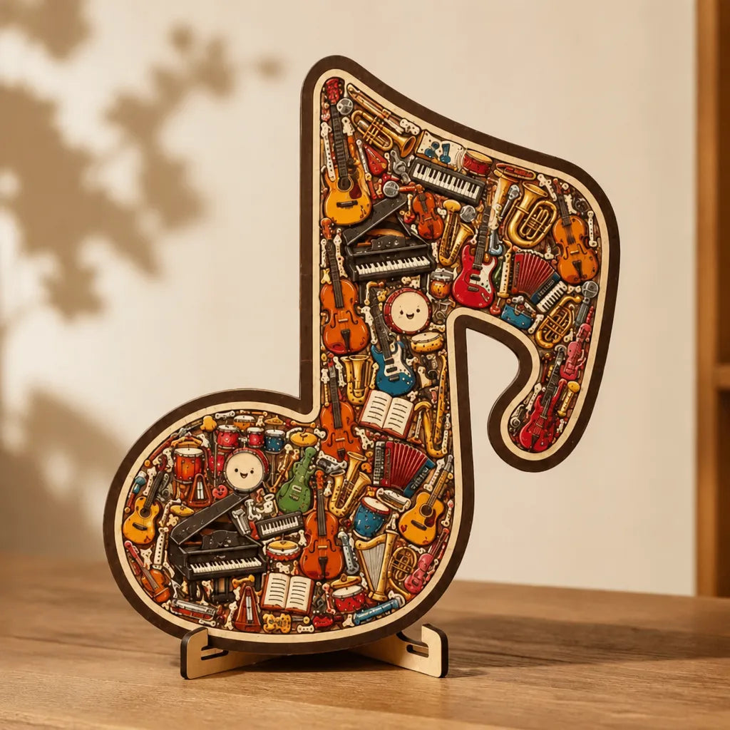 Melora – Wooden look Musical Note Puzzle with Instrument Shaped Pieces, Display Stand Included
