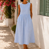Marella – Sleeveless Striped Midi Dress with Pockets, Breezy Drop-Waist Summer Dress for Women