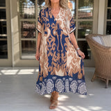 Marivelle – Coastal Damask V-Neck Loose Midi Dress for Women