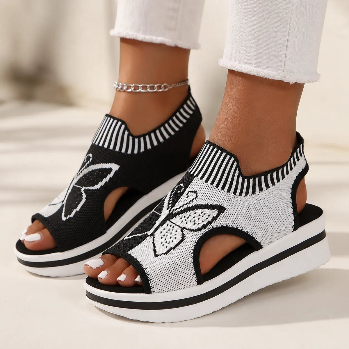 Sockela – Butterfly Knit Platform Peep Toe Sandals for Women