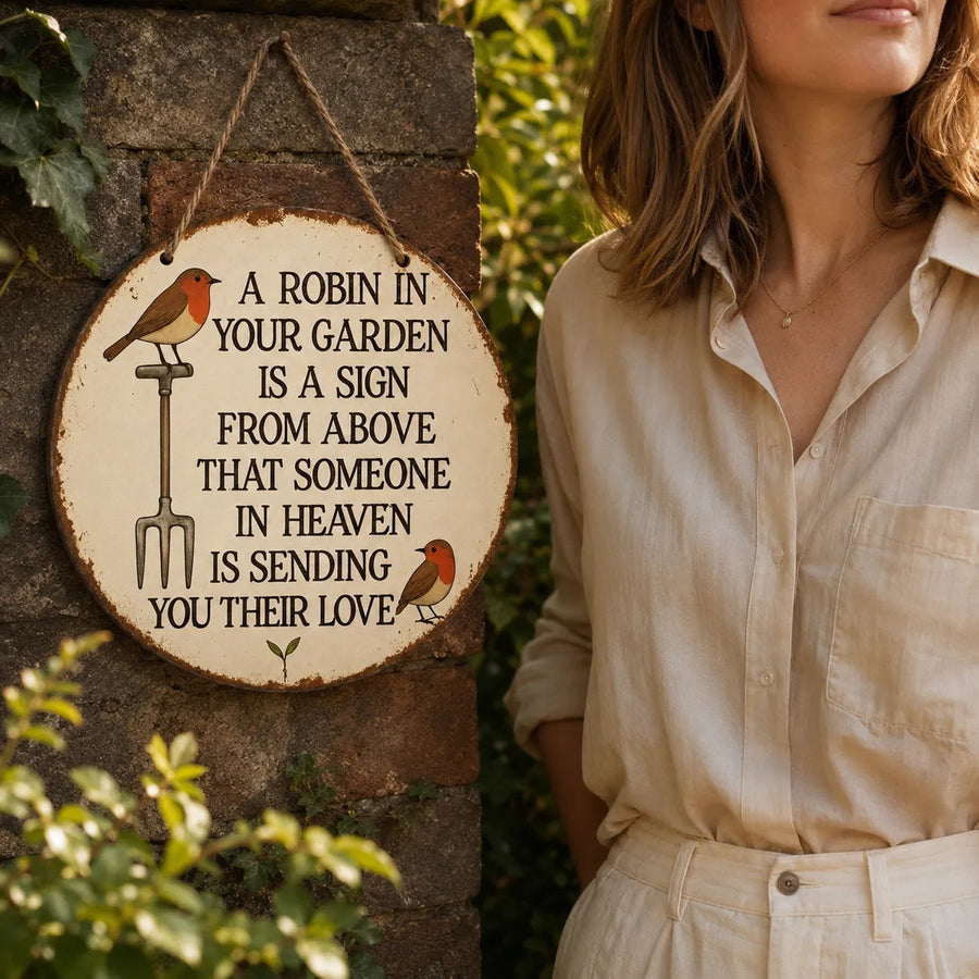 Rosethorne – Vintage Robin Memorial Garden Sign, Round Plaque with Robin Verse