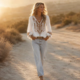 Soluna – Embroidered Boho Blouse, V-Neck, Balloon Sleeve