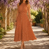 Soliana – Pleated Polka Dot Halter Midi Dress for Women