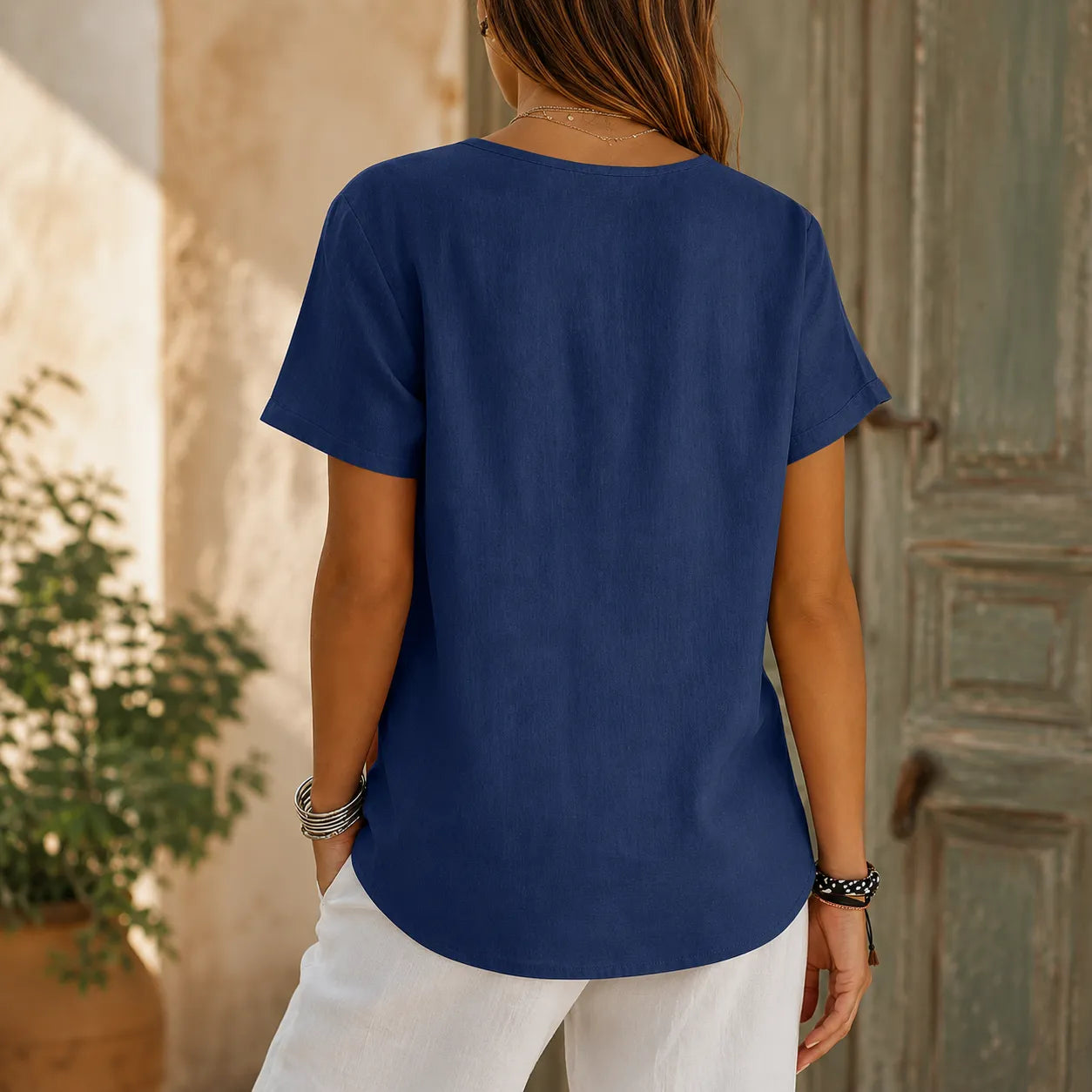 Solene – Relaxed V-Neck Blouse with Wood-like Buttons for Women