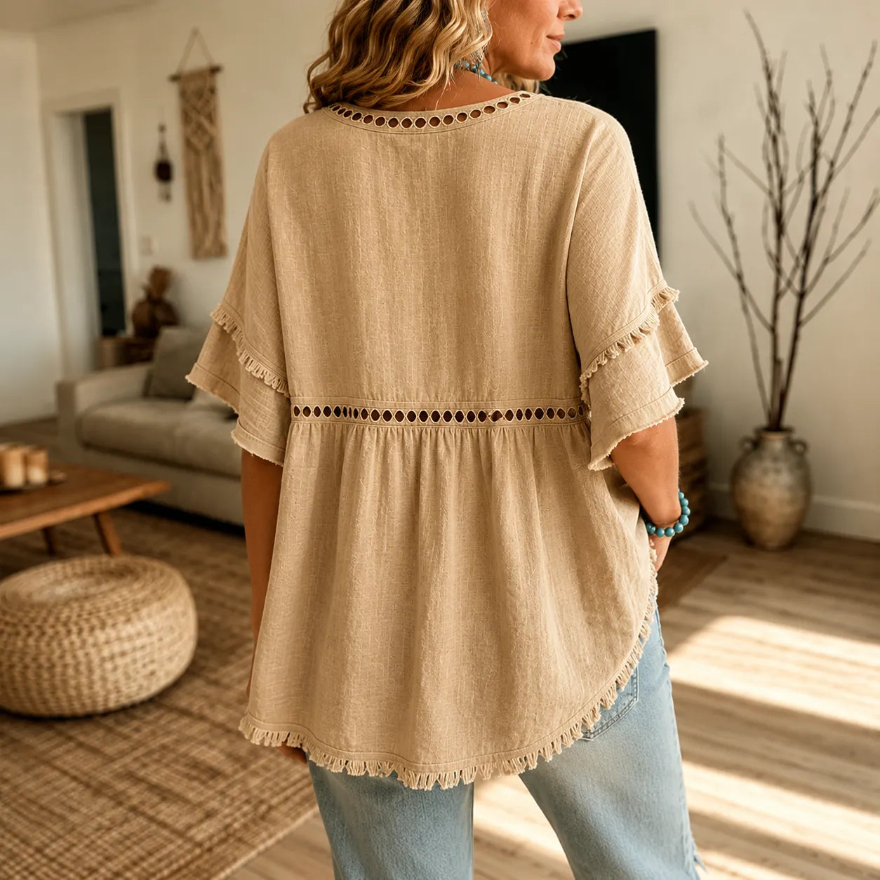 Meloria – Bohemian Babydoll Top with Eyelet Cutouts and Fringe Hem