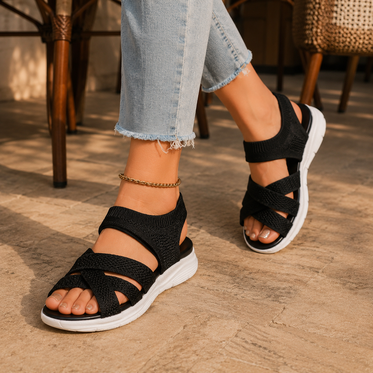 Veluna – Cushioned Stretch Knit Cross Strap Sandals for Women