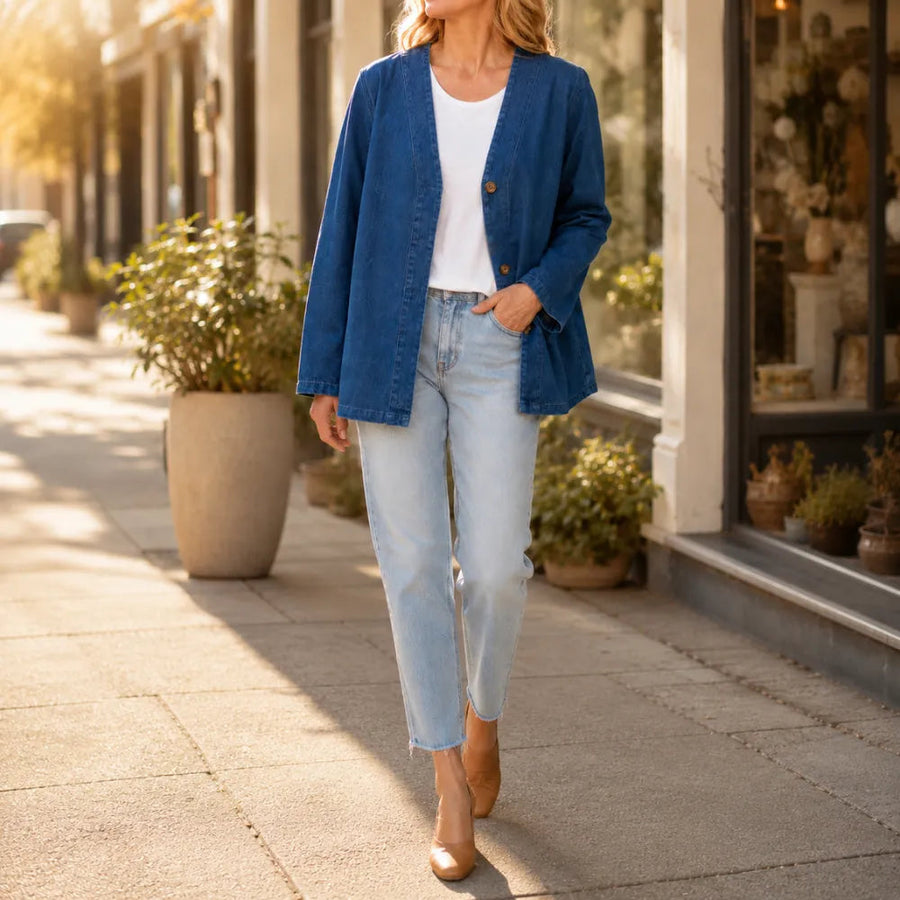 Verelle – Women's V-Neck Collarless Denim-like Jacket, Soft Button-Front Layer