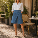 Velara – Asymmetric Wrap-Front Knee-Length Denim Look Bermuda Shorts