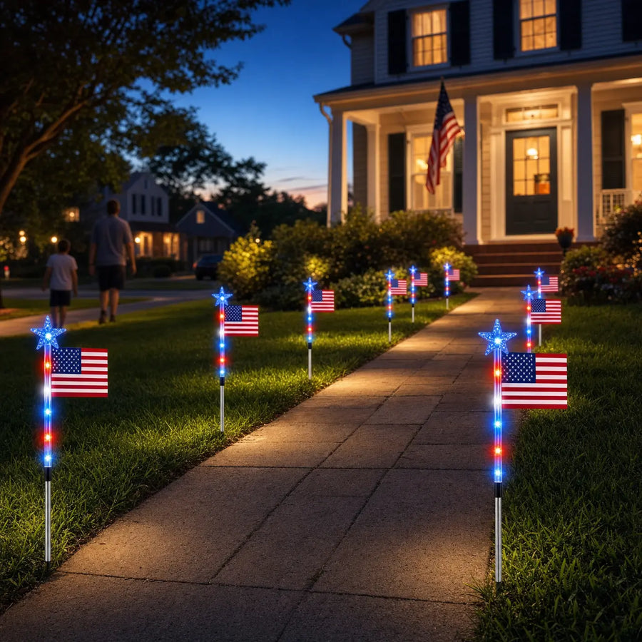 Stargrove – Solar American Flag Light Stakes, 8-Piece Set for 4th of July Walkway & Yard Decor