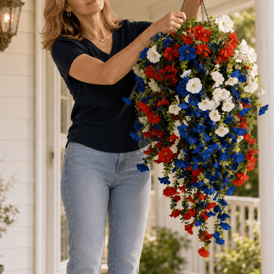 Liberty Bloom – Patriotic Hanging Flower Basket with LED Lights, Red White Blue Silk Blooms for July 4th Porch Decor