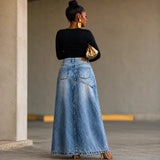 Saviera – Asymmetric Layered Denim Maxi Skirt with High Front Slit