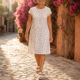 Ingrid – Linen Look Midi Shift Dress with Abstract Print, Cap Sleeve