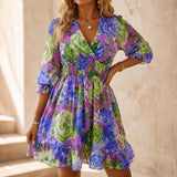Floriana – Floral V-Neck Smocked Waist Mini Dress with Ruffle Hem