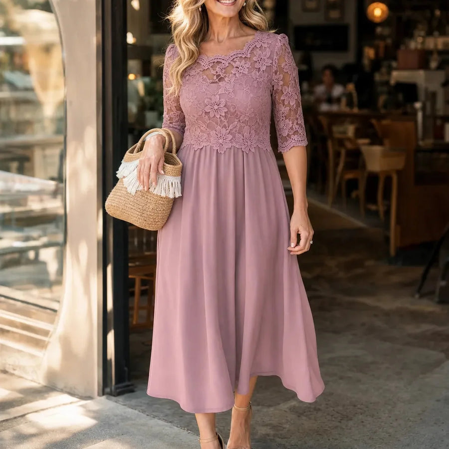 Florenza – Floral Lace-look Bodice Midi Dress with Flowy Skirt